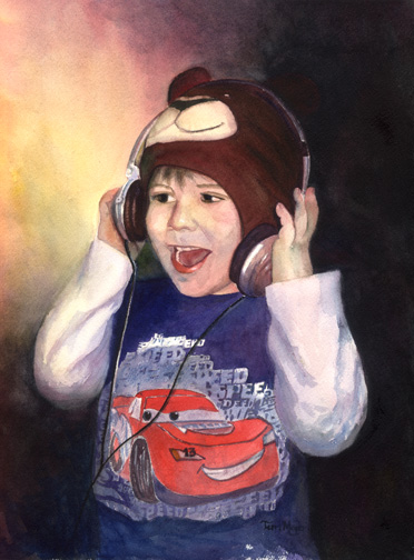 Watercolor portrait of a little boy singing by Terri Meyer